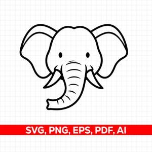 May include: A black and white line drawing of an elephant's head. The elephant has big ears, a long trunk, and small eyes. The image includes the text "SVG, PNG, EPS, PDF, AI" in a red banner at the bottom.