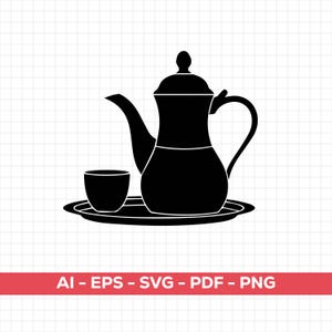 May include: Black silhouette of a traditional coffee pot with a curved spout, a handle, and a lid, accompanied by a small cup, all resting on a round tray. The image includes the text "AI - EPS - SVG - PDF - PNG".