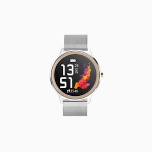 May include: A silver smartwatch with a round face displaying the time as 13:51 and the date as Saturday. The watch face has a colorful abstract design. The watch has a silver mesh band.