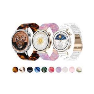May include: Three smartwatches with different band styles are displayed. The first has a tortoiseshell band, the second a pink and white band, and the third a white link band. A selection of band color options are shown below.