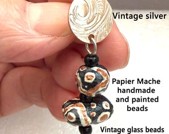 Wabi Sabi Papier Mache earrings, dangle earrings, vintage silver, very light weight, handcrafted paper jewelry, OOAK beads, hand painted
