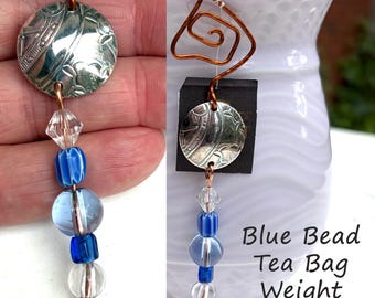 Silver Charm Tea Bag Weight , Vintage Silver, Textured Copper Spiral, Variety of Charms