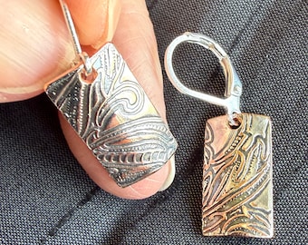 Small silver earrings, handcrafted dangle lever back ear clips, vintage silver