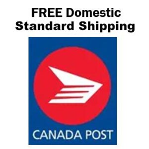 Może przedstawiać: Obraz przedstawia logo Canada Post, białą stylizowaną strzałkę w czerwonym okręgu, na ciemnoniebieskim kwadratowym tle. Nad logo widnieje napis "FREE Domestic Standard Shipping."