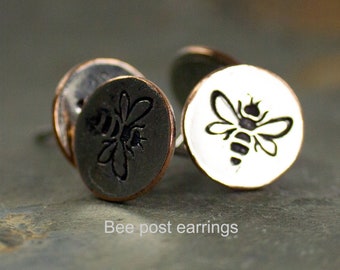 Handmade bee earrings by ItsVera, eco-friendly studs made from repurposed mid-century silver trays with tiny, cute bees stamped on each one