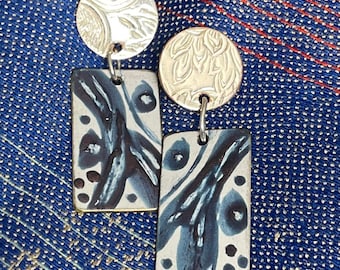 Blue jean earrings, hand painted designs on vintage silver. Wabi Sabi earrings