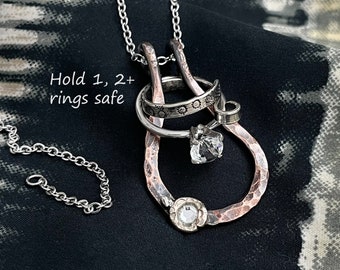 Ring Holder Necklace with a crystal, beautiful textured copper silver details, easily add your rings to this unique one of a kind necklace