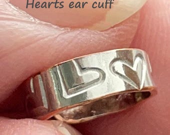 Silver ear cuff, heart designs, vintage silver, handmade, not mass produced