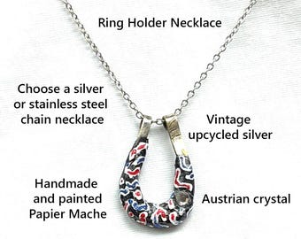 Ring Holder Pendant, Silver or Stainless Steel Chain,  Red White Blue,  Upcycled Silver Plated  Vintage Tray, Papier Mache, Austrian Crystal