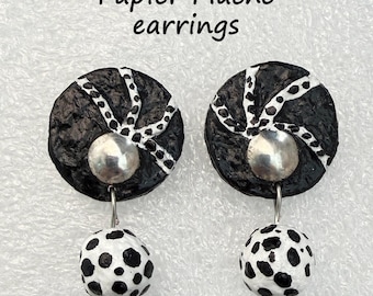 Wabi Sabi earrings, Papier Mache earrings, silver dangle earrings, black and white contemporary artifact jewelry