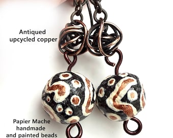 Wabi Sabi Papier Mache earrings, dangle earrings, copper ear wires, very light weight, black white copper, antiqued copper