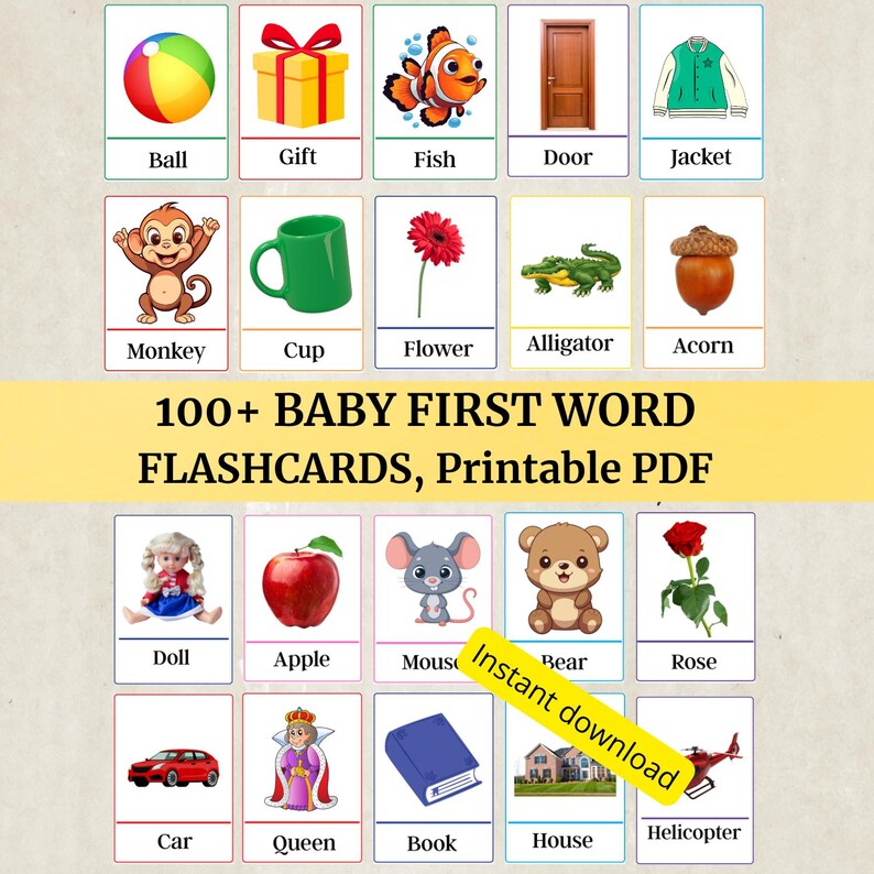 Kids flashcards, Educational Cards, Kids activity pdf, Montessori Cards, Vocabulary Builder, Kids Colors Alphabet, First word flash cards
Printable baby first word flashcards are a delightful way to support early learning through play. This set includes fun and colorful learning cards designed especially for toddlers who are beginning to explore new words. You will receive 1 PDF file as an instant download, ready to print at home. Each page includes 8 flashcards, making it simple to cut and use.