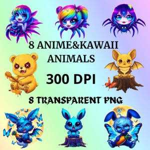 8 Kawaii Anime Clipart PNG | Cute Animal Stickers Digital Download ...