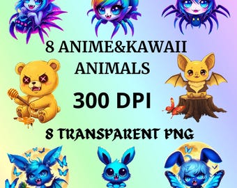 8 imágenes prediseñadas de anime kawaii PNG / Pegatinas de animales lindas / Descarga digital / Fondo transparente / Uso para sublimación y planificador