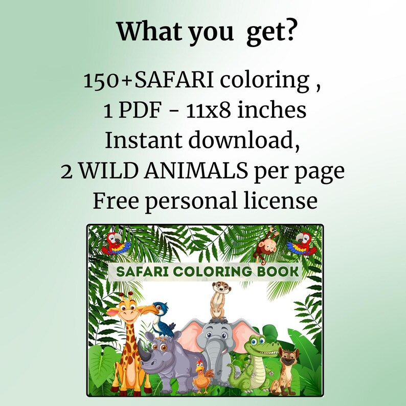 Safari coloring book, Jungle coloring pages for kids 150+, Wild animals coloring book, Safari themed coloring book, Printable coloring 
Bring the wild to life with this Safari Animals Coloring Book – perfect for kids and animal lovers! 🦁🦓🐘
This digital download includes 150+ unique coloring images featuring lions, giraffes, zebras, elephants, monkeys, and more. Designed 2 per page for easy printing and cutting, formatted in standard 11" x 8" inches PDF.