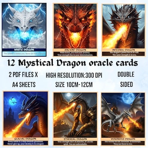 Digitale drakenkaarten, 12 kaarten voor inzicht en reflectie, krachtorakel, afdrukbare draken, motiverende kaarten, orakel-drakenkaarten