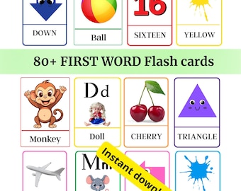 Toddler First word flashcards, Number Flashcards, Shape flash cards, Early Vocabulary Builder, Preschool Activity flashcards for toddler