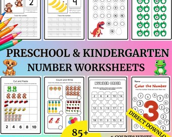 Schede di matematica, libro di attività per bambini, attività per bambini, schede di lavoro sui numeri 80+, pacchetto di apprendimento per la scuola materna e l'asilo, schede di tracciamento dei numeri