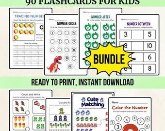 May include: A bundle of 6 sets of number activity flashcards for kids. The flashcards include tracing numbers, number order, number after, number between, counting, and matching activities. The text on the flashcards reads "Ready to print, instant download."