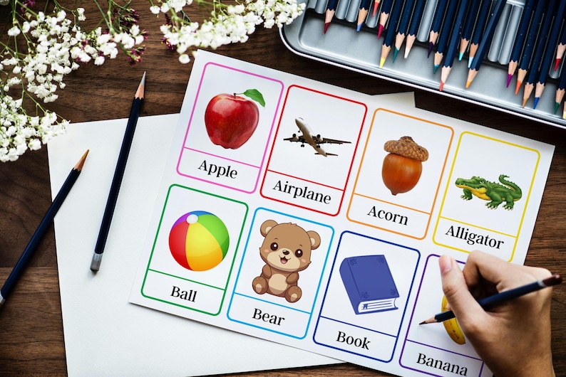 Kids flashcards, Educational Cards, Kids activity pdf, Montessori Cards, Vocabulary Builder, Kids Colors Alphabet, First word flash cards
Printable baby first word flashcards are a delightful way to support early learning through play. This set includes fun and colorful learning cards designed especially for toddlers who are beginning to explore new words. You will receive 1 PDF file as an instant download, ready to print at home. Each page includes 8 flashcards, making it simple to cut and use.