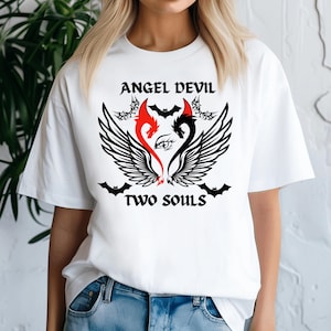 Angel devil t shirt, Gothic heart shirt, Angel wings top, Bats tshirting, Devil streetwear, Occult clothing, Dark aesthetic t shirt