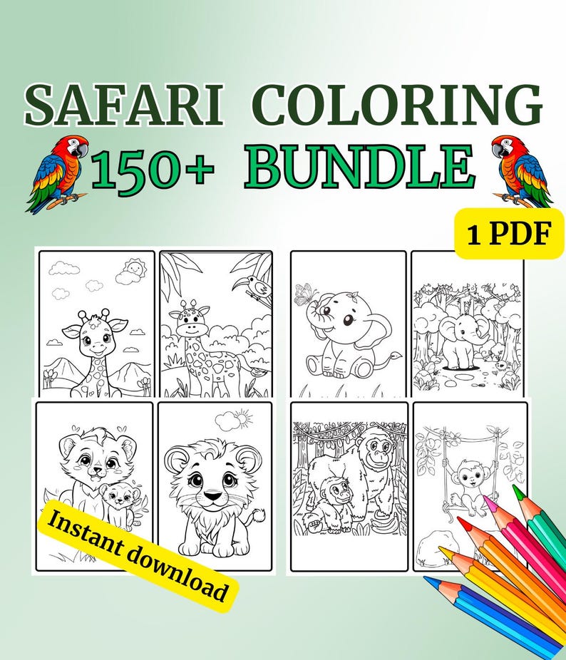 Safari coloring book, Jungle coloring pages for kids 150+, Wild animals coloring book, Safari themed coloring book, Printable coloring 
Bring the wild to life with this Safari Animals Coloring Book – perfect for kids and animal lovers! 🦁🦓🐘
This digital download includes 150+ unique coloring images featuring lions, giraffes, zebras, elephants, monkeys, and more. Designed 2 per page for easy printing and cutting, formatted in standard 11" x 8" inches PDF.