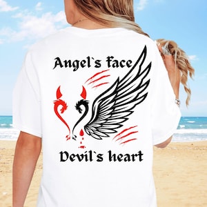 Koszulka ze skrzydłami anioła, Koszulka z upadłym aniołem, Koszulka z aniołem diabłem, Koszulka z aniołami, Koszulka z diabłem, Streetwear z aniołem diabłem, Koszulka gotycka