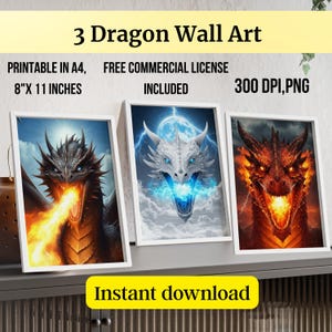Fire Breathing Dragon PNG, Digital Download Set of 3 Dragon wall art, dragon Printable clipart, fire breathing dragon design, fantasy dragon