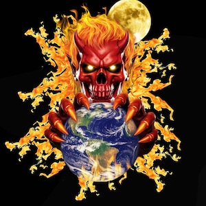 May include: A digital illustration of a red demon skull with horns and glowing yellow eyes, surrounded by flames. The demon's clawed hands grasp a blue and green Earth, with a full moon in the background against a black backdrop.