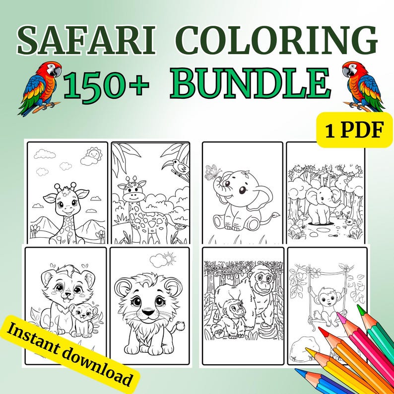 Safari coloring book, Jungle coloring pages for kids 150+, Wild animals coloring book, Safari themed coloring book, Printable coloring 
Bring the wild to life with this Safari Animals Coloring Book – perfect for kids and animal lovers! 🦁🦓🐘
This digital download includes 150+ unique coloring images featuring lions, giraffes, zebras, elephants, monkeys, and more. Designed 2 per page for easy printing and cutting, formatted in standard 11" x 8" inches PDF.