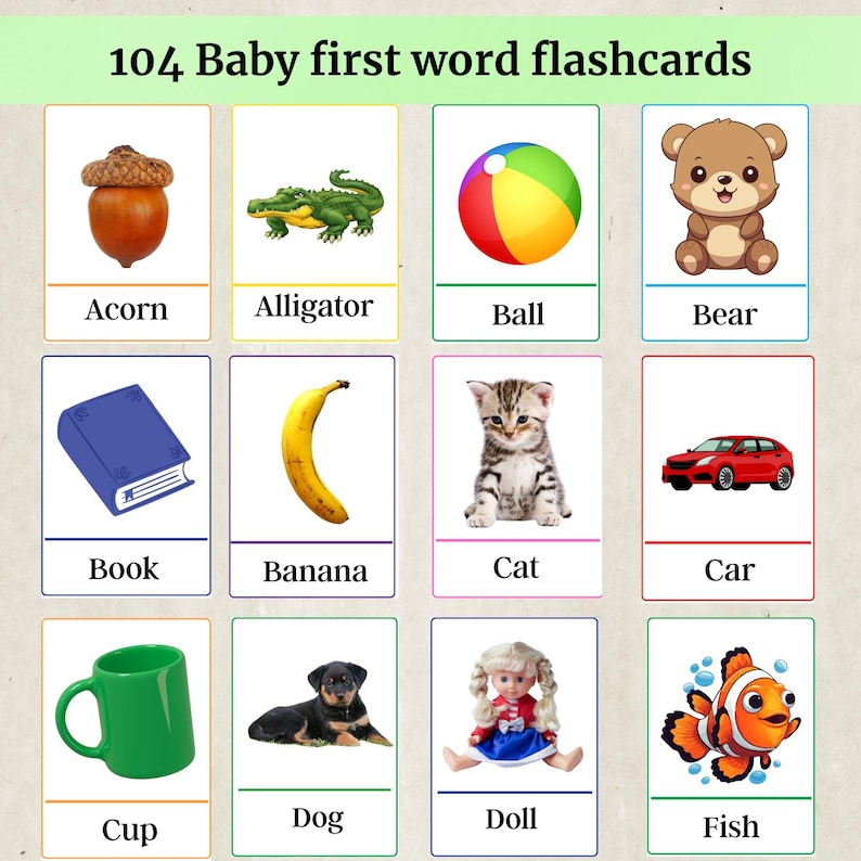 Kids flashcards, Educational Cards, Kids activity pdf, Montessori Cards, Vocabulary Builder, Kids Colors Alphabet, First word flash cards
Printable baby first word flashcards are a delightful way to support early learning through play. This set includes fun and colorful learning cards designed especially for toddlers who are beginning to explore new words. You will receive 1 PDF file as an instant download, ready to print at home. Each page includes 8 flashcards, making it simple to cut and use.