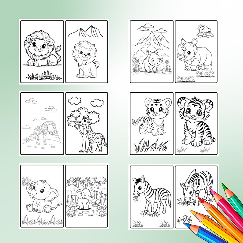 Safari coloring book, Jungle coloring pages for kids 150+, Wild animals coloring book, Safari themed coloring book, Printable coloring 
Bring the wild to life with this Safari Animals Coloring Book – perfect for kids and animal lovers! 🦁🦓🐘
This digital download includes 150+ unique coloring images featuring lions, giraffes, zebras, elephants, monkeys, and more. Designed 2 per page for easy printing and cutting, formatted in standard 11" x 8" inches PDF.