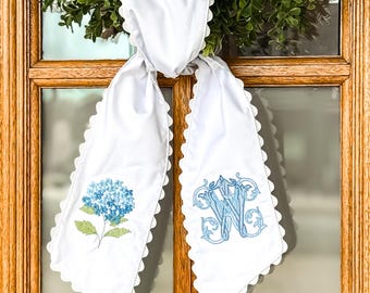 Hydrangea & Vintage Vine Monogram Wreath Sash, Embroidered Door Decor, Front Porch Wreath Bow