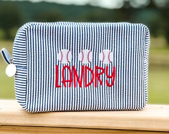 Baseball or Football Seersucker Boys Toiletry Bag, Embroidered Customized Name, Personalized Monogram Travel Bag, Great Gift Idea