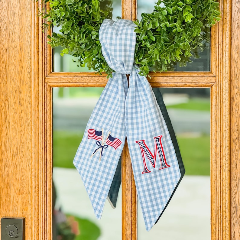 Embroidered Patriotic Wreath Sash, Gingham, White, Red, Wreath Tie, Monogrammed Door Bow, 4th of July, American Flag