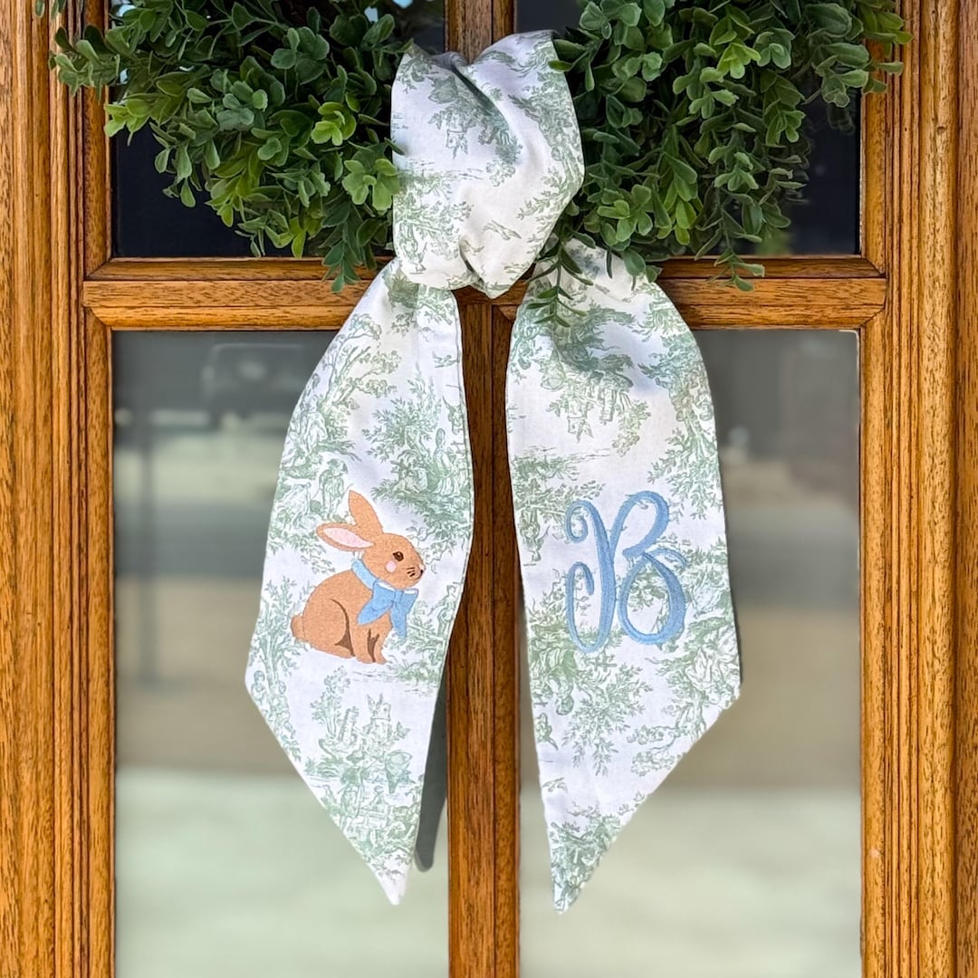 Personalized Easter Bunny Wreath Sash, Spring Toile Front Door Bow, Embroidered Holiday Decor