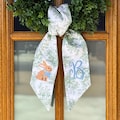 Personalized Easter Bunny Wreath Sash, Spring Toile Front Door Bow, Embroidered Holiday Decor