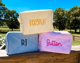 Embroidered Seersucker Makeup Bag, Custom Travel Monogram Pouch