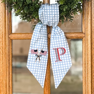 Embroidered Patriotic Wreath Sash, Gingham, White, Red, Wreath Tie, Monogrammed Door Bow, 4th of July, American Flag