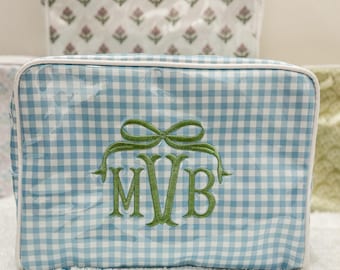 Embroidered XL Cosmetic Bag,  Oversized Monogram Makeup Bag, Clear Coated Preppy Zip Pouch, Mahjong Case