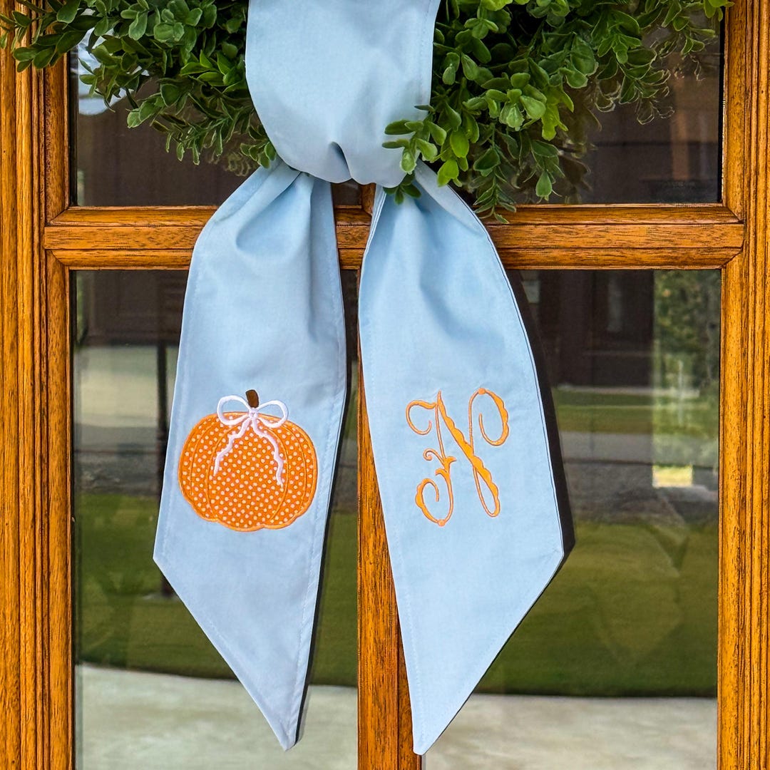 Monogram Wreath Sash, Preppy Fall Wreath Sash for Front Door, Polka Dot Pumpkin Door Bow, Halloween Wreath Tie, Embroidered Door Bow