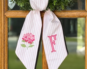 Pink Hydrangea Wreath Sash with Scalloped Ricrac Edge, Embroidered Door Decor, Front Porch Wreath Bow