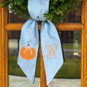 Monogram Wreath Sash, Preppy Fall Wreath Sash for Front Door,  Polka Dot Pumpkin Door Bow,  Halloween Wreath Tie, Embroidered Door Bow
