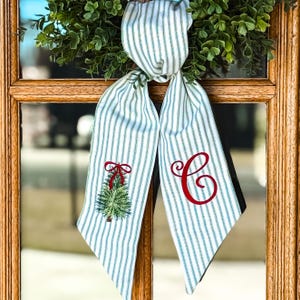Personalized Christmas Tree Wreath Sash, Red Ticking Stripe Front Door Bow, Embroidered Holiday Decor Green Ticking Stripe