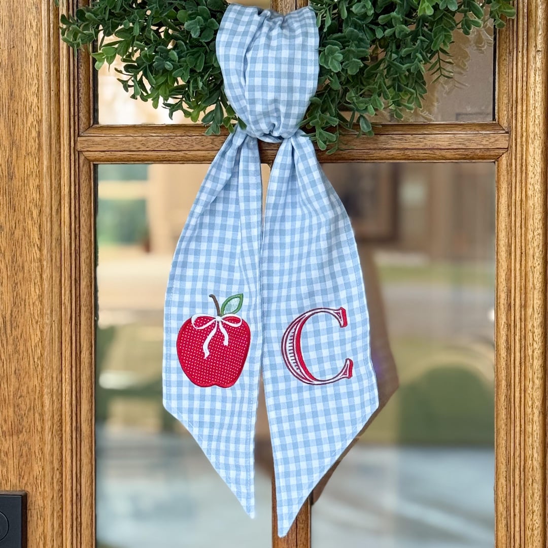 Embroidered Back to School Apple Wreath Sash, Blue Gingham, Red Stripe Wreath Tie, Monogrammed Door Bow, Teacher, Bow Optional