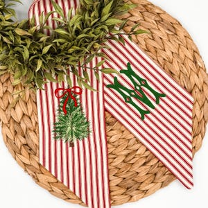 Personalized Christmas Tree Wreath Sash, Red Ticking Stripe Front Door Bow, Embroidered Holiday Decor image 5
