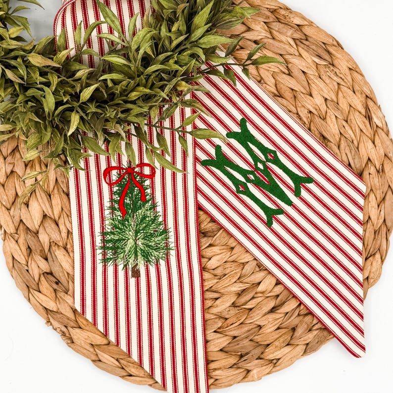 Personalized Christmas Tree Wreath Sash, Red Ticking Stripe Front Door Bow, Embroidered Holiday Decor image 5