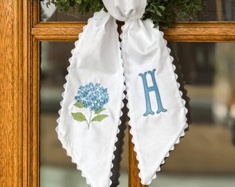 Hydrangea Wreath Sash with Scalloped Ricrac Edge, Embroidered Door Decor, Front Porch Wreath Bow