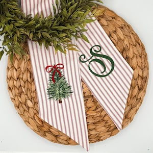 Personalized Christmas Tree Wreath Sash, Red Ticking Stripe Front Door Bow, Embroidered Holiday Decor Red/White Ticking