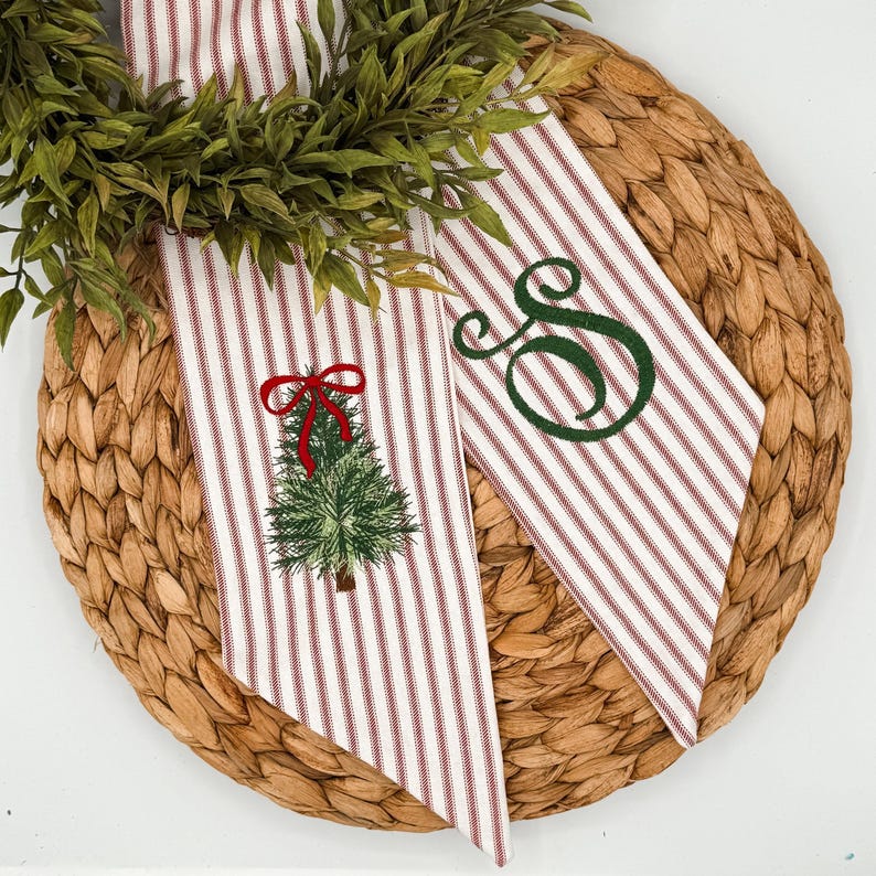 Personalized Christmas Tree Wreath Sash, Red Ticking Stripe Front Door Bow, Embroidered Holiday Decor Red/White Ticking